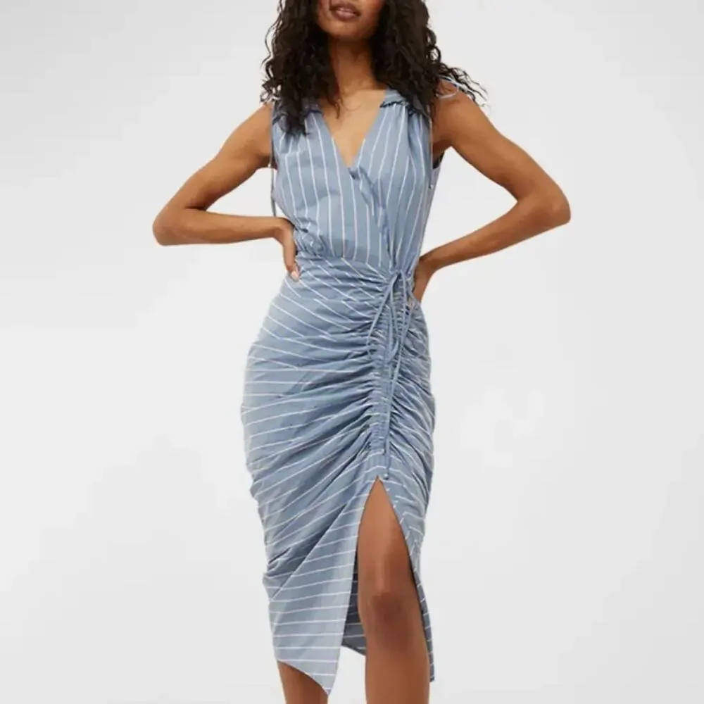 NWT Veronica Beard Teagan Stripe Ruched V-Neck Midi Dress in Blue/Kelly Green - Picture 1 of 15
